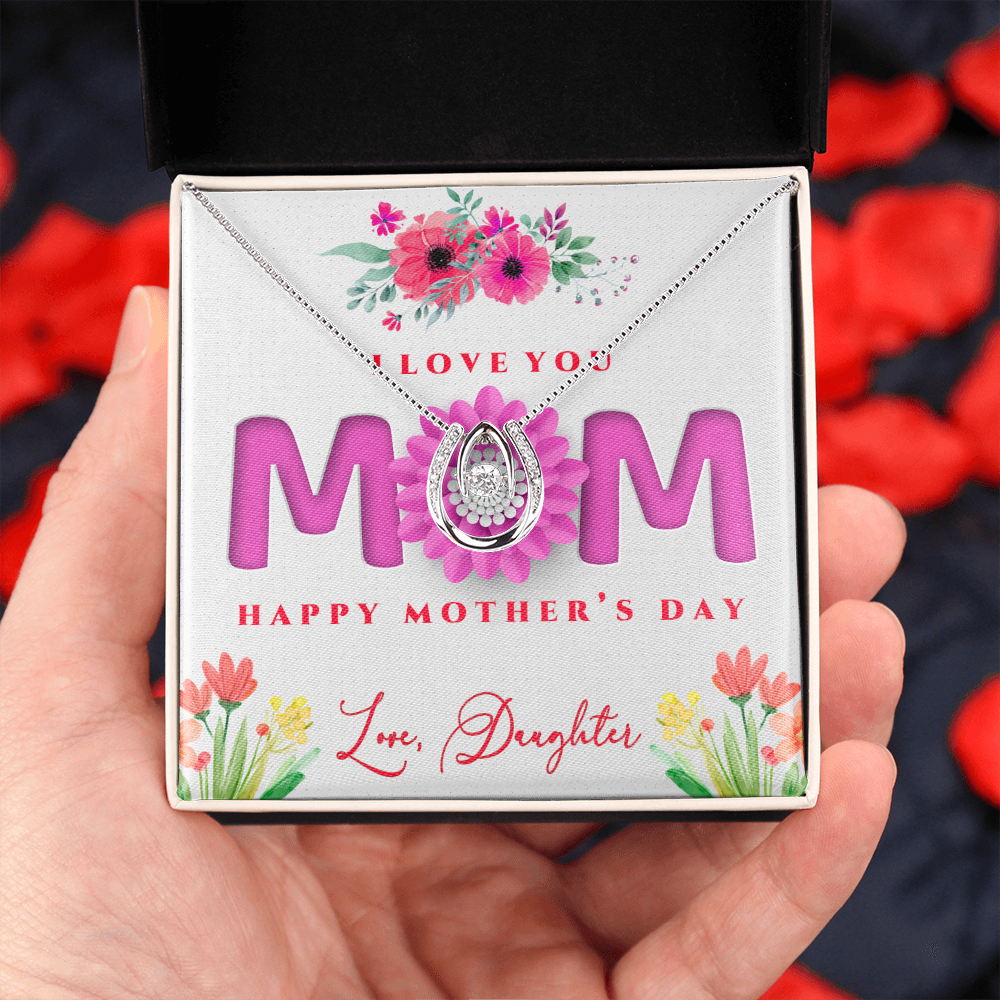 Mother's Day, Gift, Lucky In Love Necklace, Jewelry, To Mom, From Daughter, Mom, Daughter, Cubic Zirconia Crystal, White gold over stainless steel, Adjustable Box Chain, 16in-18in, Lobster clasp attachment