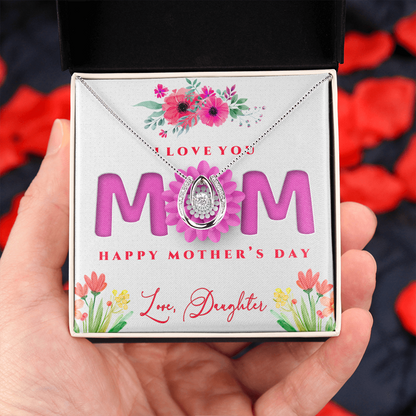 Mother's Day, Gift, Lucky In Love Necklace, Jewelry, To Mom, From Daughter, Mom, Daughter, Cubic Zirconia Crystal, White gold over stainless steel, Adjustable Box Chain, 16in-18in, Lobster clasp attachment