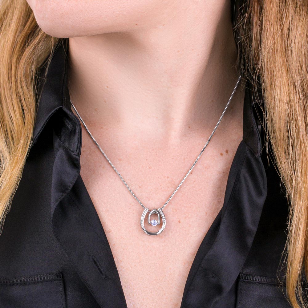 Mother's Day, Gift, Lucky In Love Necklace, Jewelry, To Mom, From Daughter, Mom, Daughter, Cubic Zirconia Crystal, White gold over stainless steel, Adjustable Box Chain, 16in-18in, Lobster clasp attachment