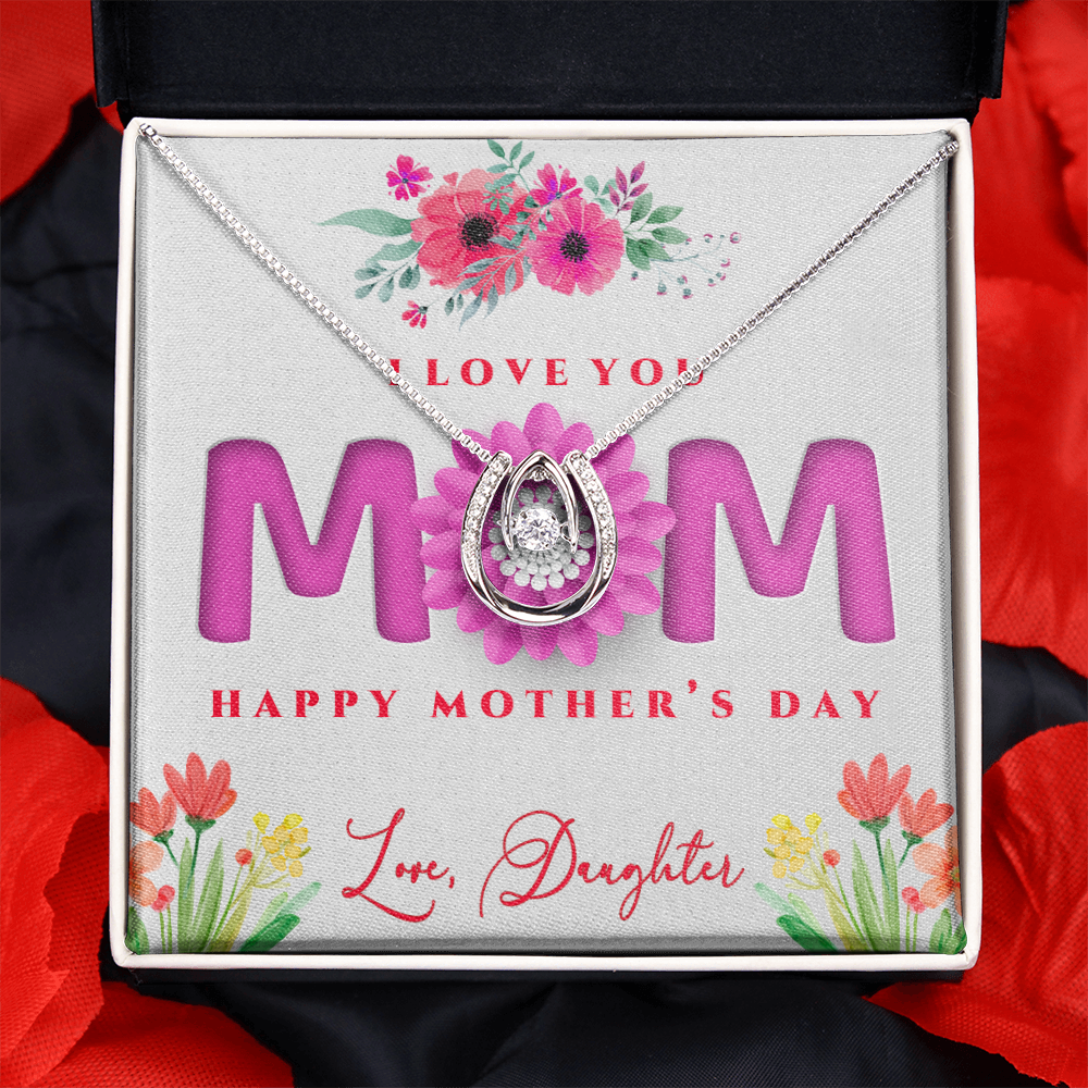 Mother's Day, Gift, Lucky In Love Necklace, Jewelry, To Mom, From Daughter, Mom, Daughter, Cubic Zirconia Crystal, White gold over stainless steel, Adjustable Box Chain, 16in-18in, Lobster clasp attachment