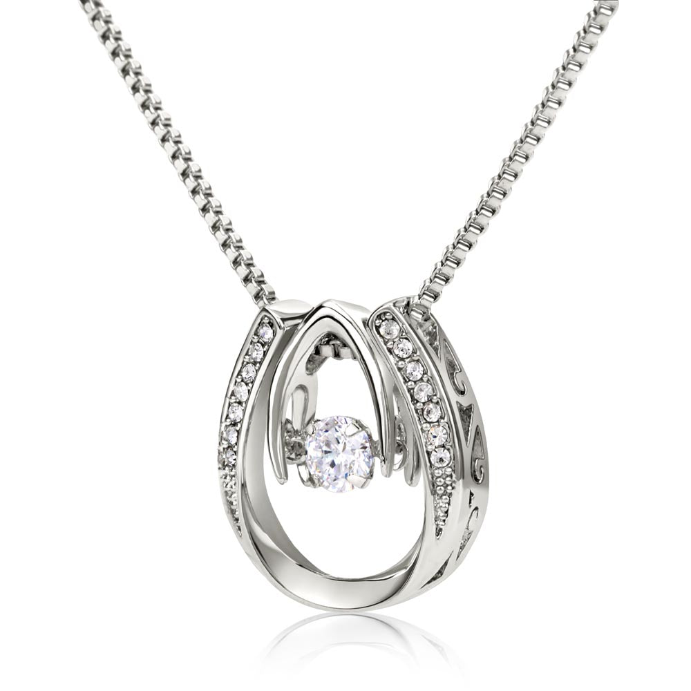 Mother's Day, Gift, Lucky In Love Necklace, Jewelry, To Mom, From Daughter, Mom, Daughter, Cubic Zirconia Crystal, White gold over stainless steel, Adjustable Box Chain, 16in-18in, Lobster clasp attachment