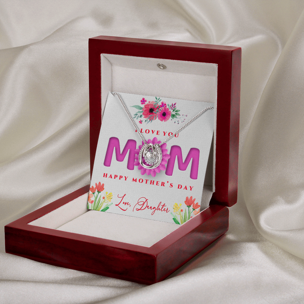 Mother's Day, Gift, Lucky In Love Necklace, Jewelry, To Mom, From Daughter, Mom, Daughter, Cubic Zirconia Crystal, White gold over stainless steel, Adjustable Box Chain, 16in-18in, Lobster clasp attachment