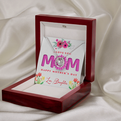 Mother's Day, Gift, Lucky In Love Necklace, Jewelry, To Mom, From Daughter, Mom, Daughter, Cubic Zirconia Crystal, White gold over stainless steel, Adjustable Box Chain, 16in-18in, Lobster clasp attachment