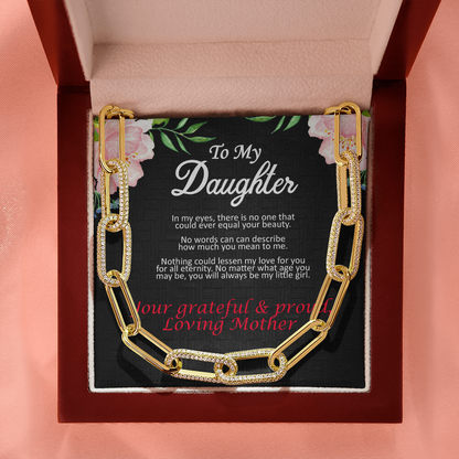 Mother's Day, Gift, Forever Linked Necklace, Jewelry, To my Daughter, From Mother, Daughter, Cubic Zirconia, 700 CZ crystals, 14k white gold, 14k yellow gold, Parrot clasp attachment