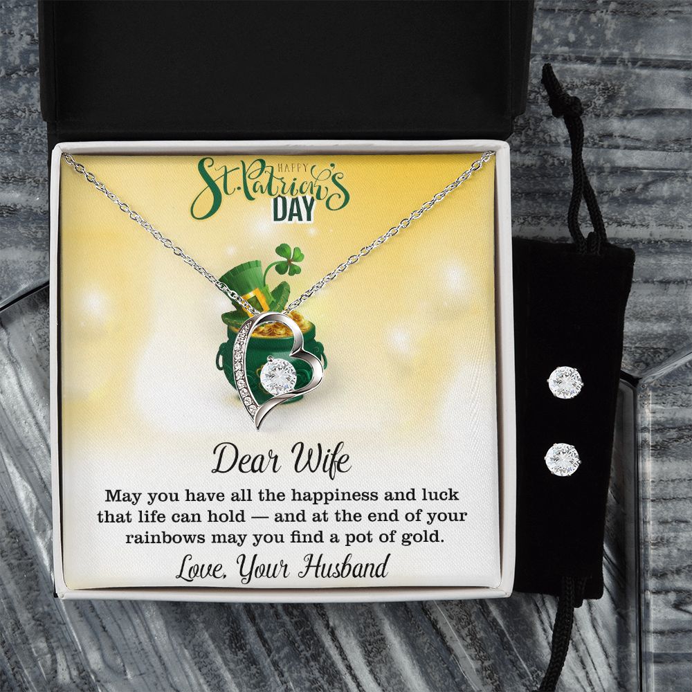 Dear Wife, Love, Your Husband, St Patricks Day, Forever Love Necklace, CZ Earrings - YERTIZZ.COM