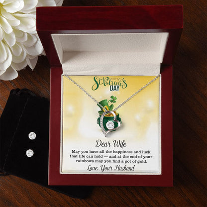 Dear Wife, Love, Your Husband, St Patricks Day, Forever Love Necklace, CZ Earrings - YERTIZZ.COM