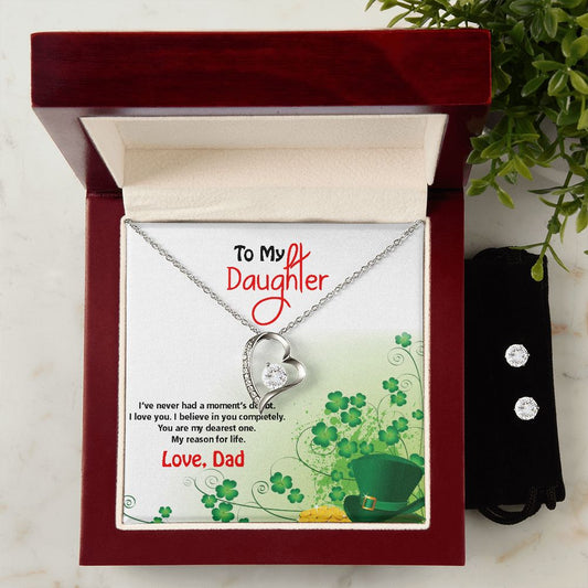 To My Daughter, St. Patrick's Day, Forever Love Necklace, CZ Earrings